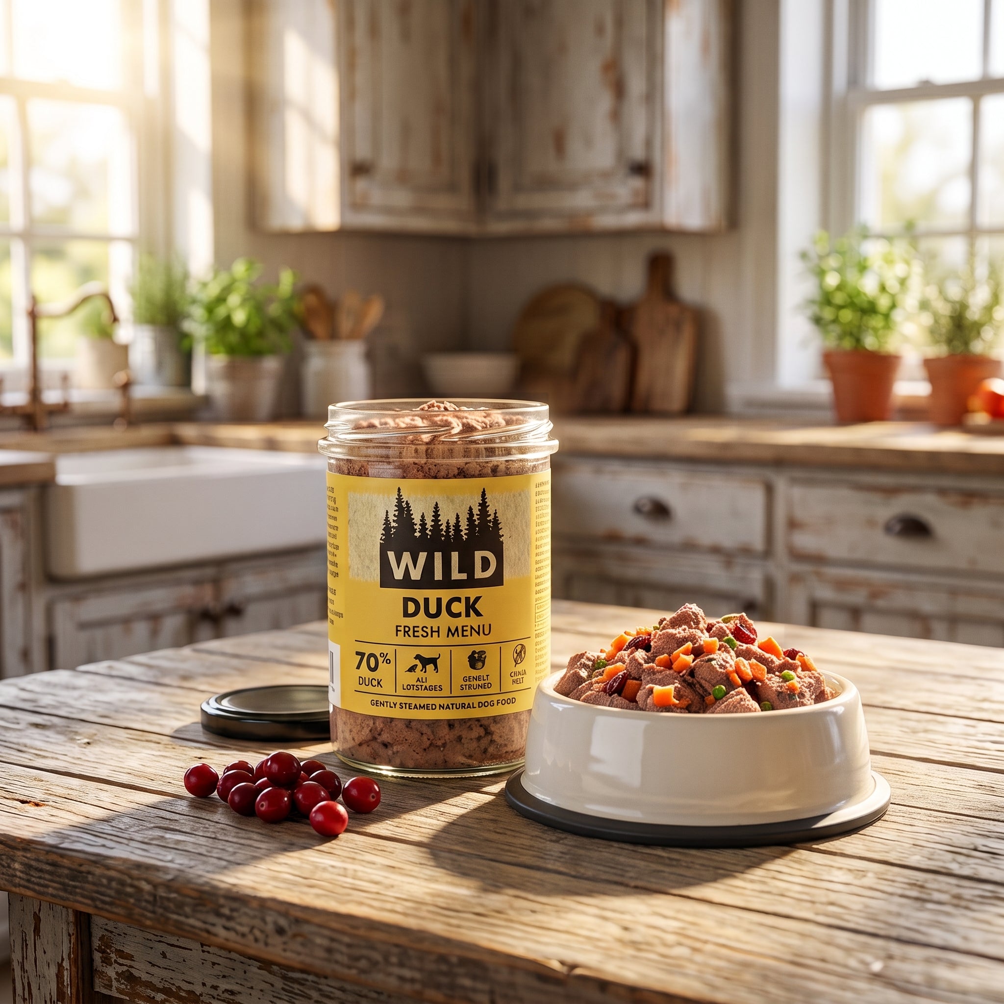Naturally WILD fresh dog food jars on a cupboard shelf